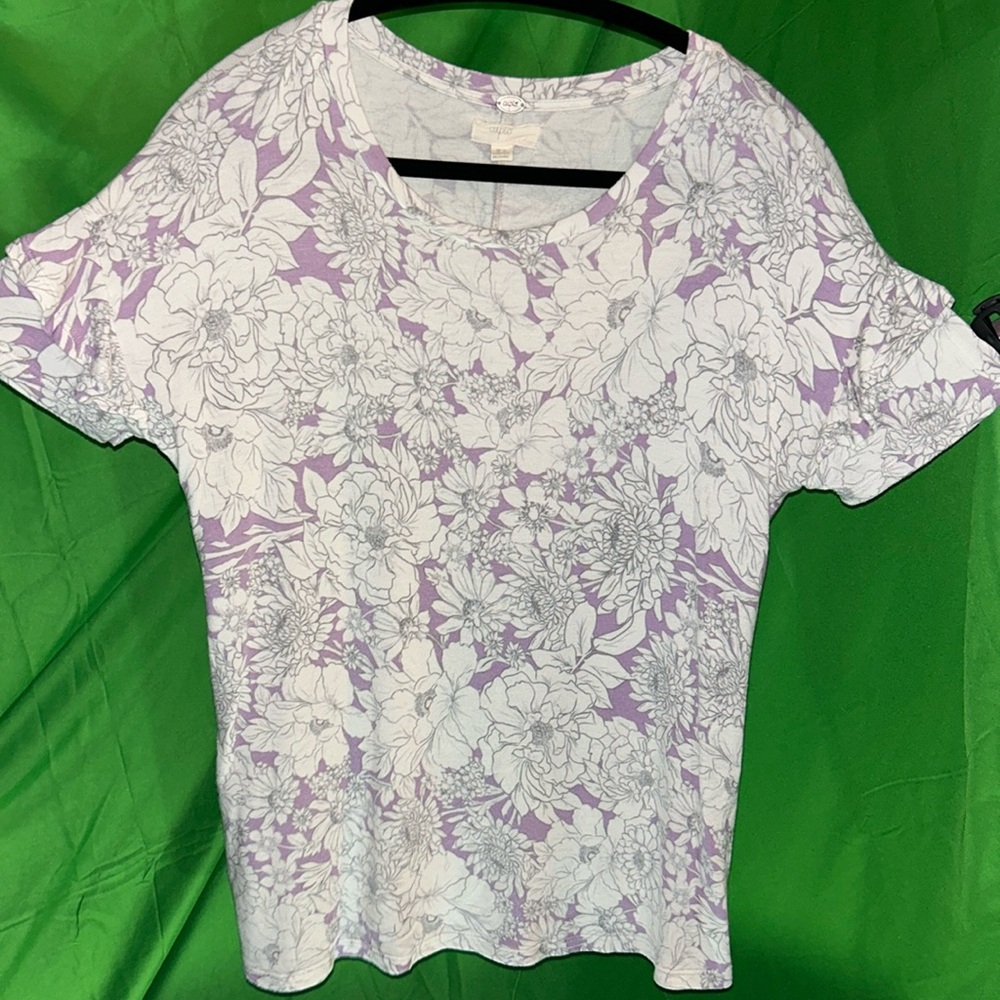 Cupio Purple White Floral Ruffle Sleeve Top Women's Size M